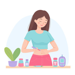 Young woman with diabetes injecting insulin into her abdomen using a pen injector. Glucose meter, medicines and insulin pen on table nearby