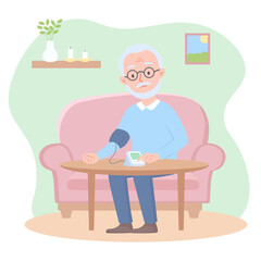 Elderly man man checking his blood pressure with a home monitor on his arm, digital blood pressure device on table, cozy home setting. Vector flat illustration