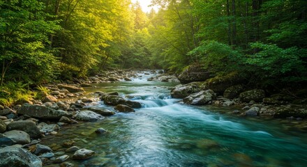 Fototapeta premium Serene River flowing through lush green forest