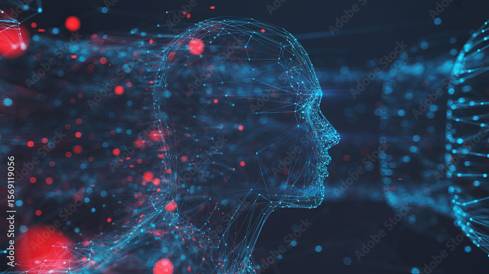 Poster mindscape of technology: a digital representation of a human profile emerges from a vibrant sea of i