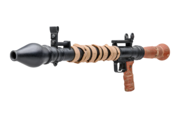 A detailed view showcases an RPG weapon against a solid black backdrop, highlighting its textures and design elements effectively for war or gaming, transparent background. Ai Generated Images