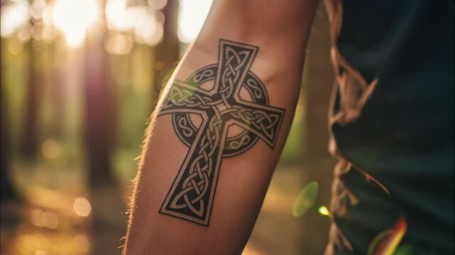 A compelling video presenting a Celtic cross tattoo on a person's lower arm, featuring bold, distinct lines and knotwork.