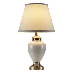 Elegant white ceramic table lamp with a shining golden base and a classic fabric shade