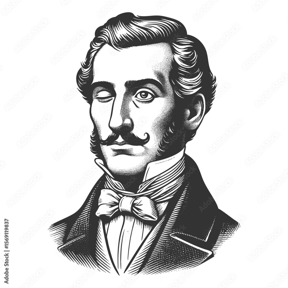 Poster man in formal attire giving a skeptical wink with a neutral face sketch engraving generative ai fict