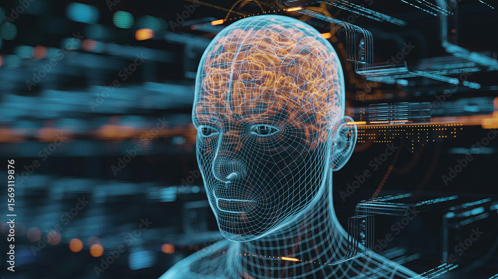 Aufkleber technological mind: a futuristic digital render showcases a detailed brain structure housed within a