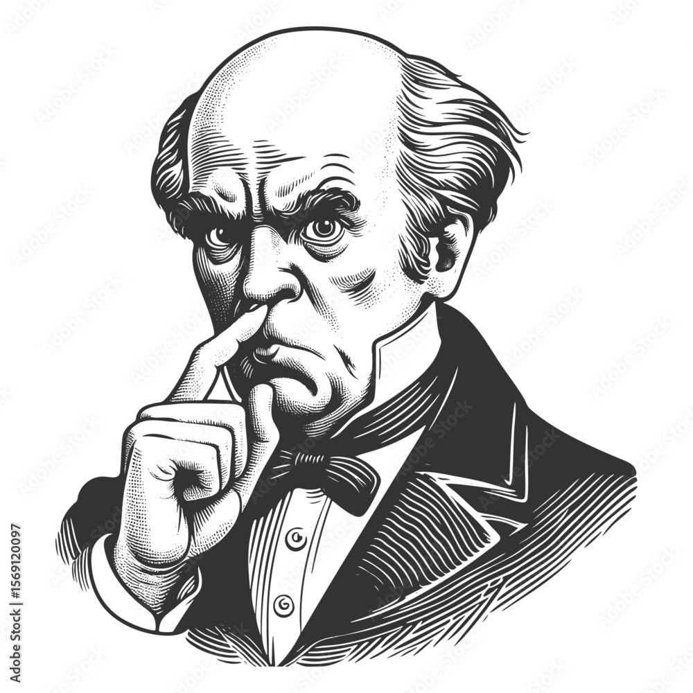 Poster man in a tuxedo with finger up nose, captured in exaggerated humorous style sketch engraving generat