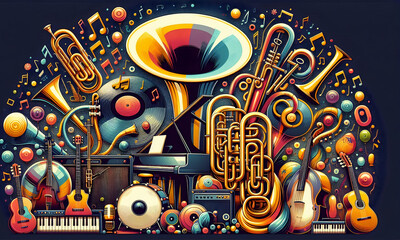 Symbolbild mit mehreren Musikinstrumenten, Jazz, Band, Hintergrund,Wallpaper