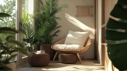 A cozy corner featuring a rattan chair, plants, and natural light for relaxation.