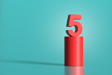Red number five standing on red cylinder on turquoise background