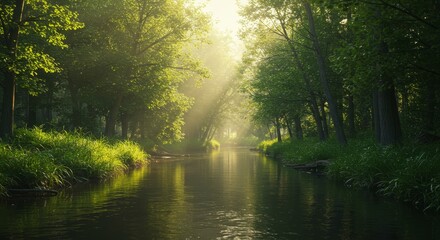 Sunlit River in Lush Green Forest