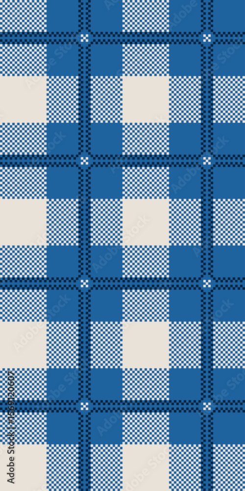 Poster seamless vector pattern with blue and white checkered squares and pixel style design, digital tartan