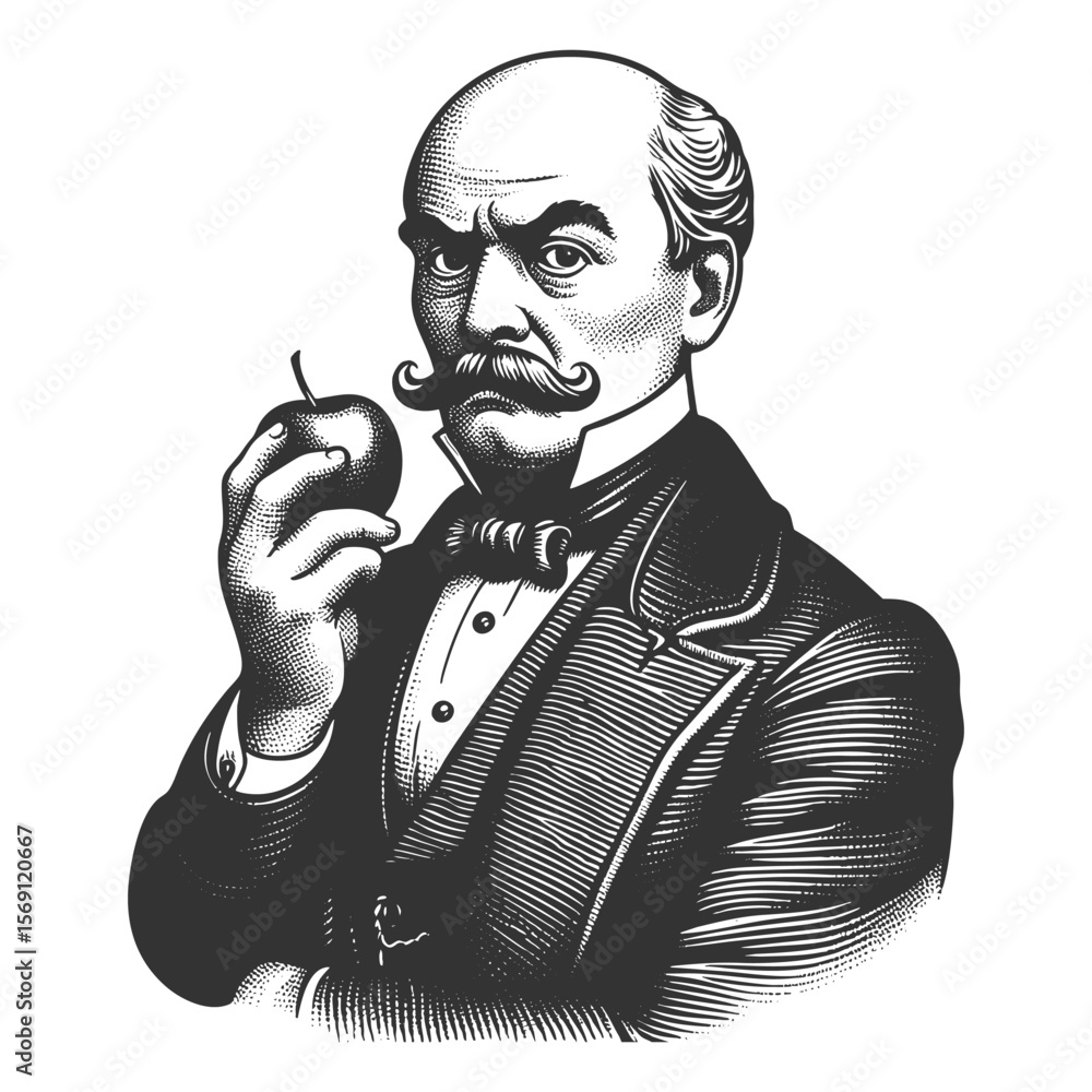 Poster gentleman in formal attire holding an apple with a serious expression sketch engraving generative ai