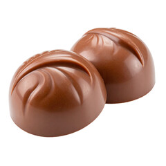Two round milk chocolate pralines with smooth, glossy surfaces and delicate swirl patterns on top.