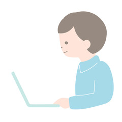 笑顔でパソコンを操作する若い男性　横からの視点