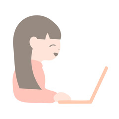 笑顔でパソコンを操作する若い女性　横からの視点