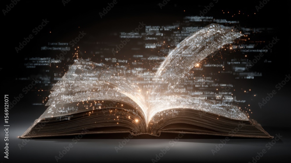 Poster striking visual of a glowing open book emanating light from its pages with dynamic floating words th