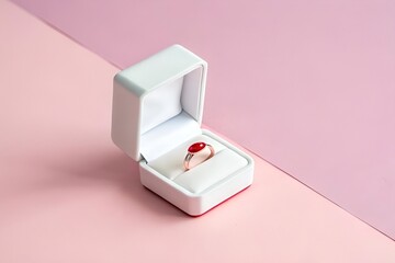 Top-Down Minimalist Image of White Jewelry Box with Red Ring on Soft Pink Background &ndash; Elegant Gift Concept