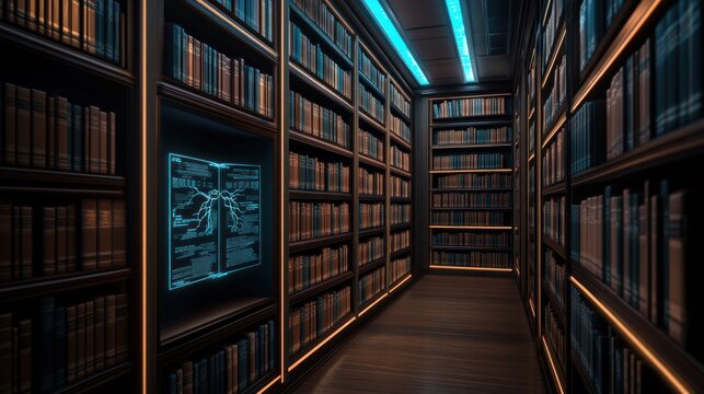 Photo of a futuristic library with rows of books and a glowing digital display creates a unique and immersive learning environment