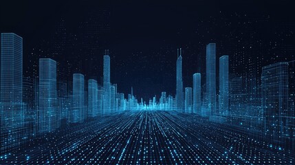 Digital representation of a cityscape, composed of glowing lines and dots.