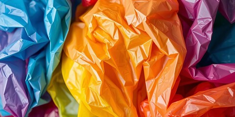Close-up of crumpled, multicolored plastic bags, textured surface,  disposable,  recycling