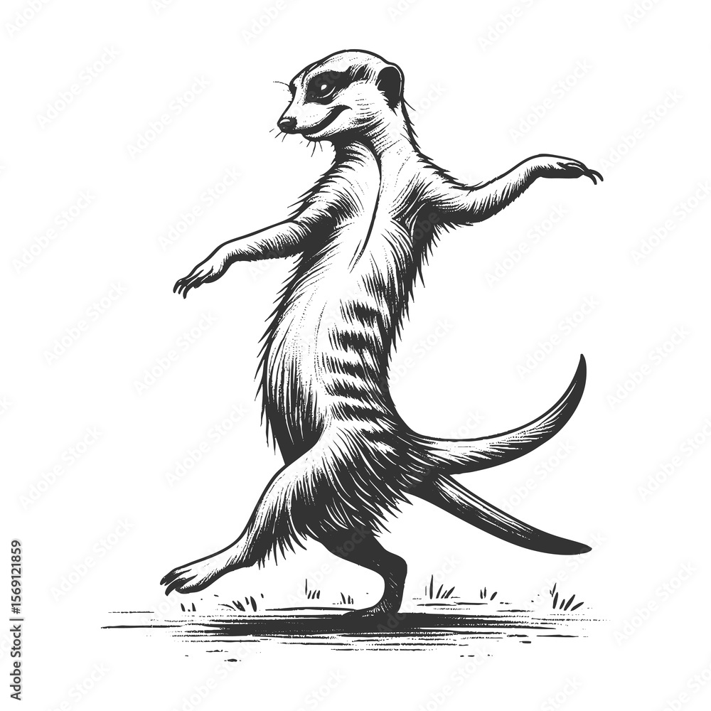 Poster dancing meerkat sketch engraving generative ai fictional character raster illustration. scratch boar