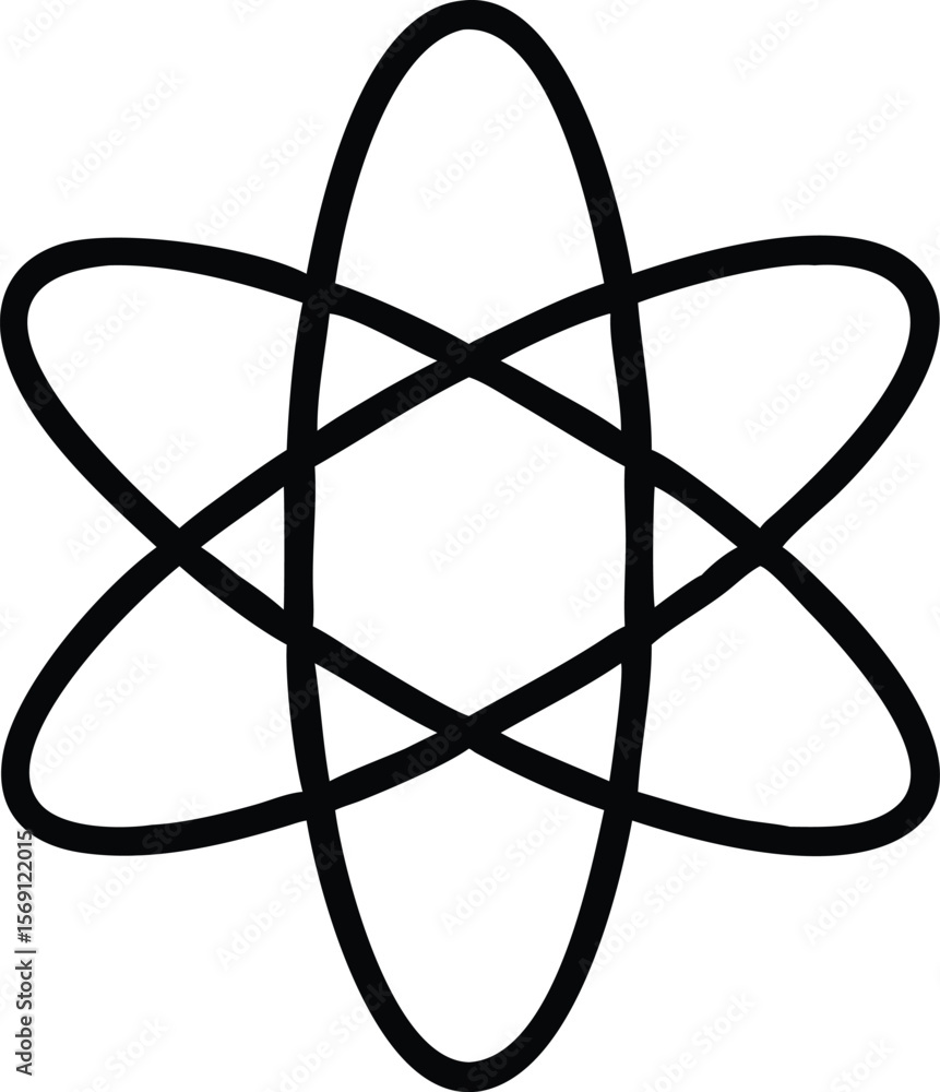 Poster abstract geometric atom symbol with intersecting elliptical orbits on white background