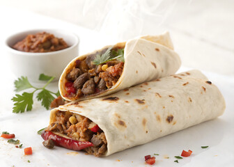 Two beef burritos with salsa and cilantro on white table