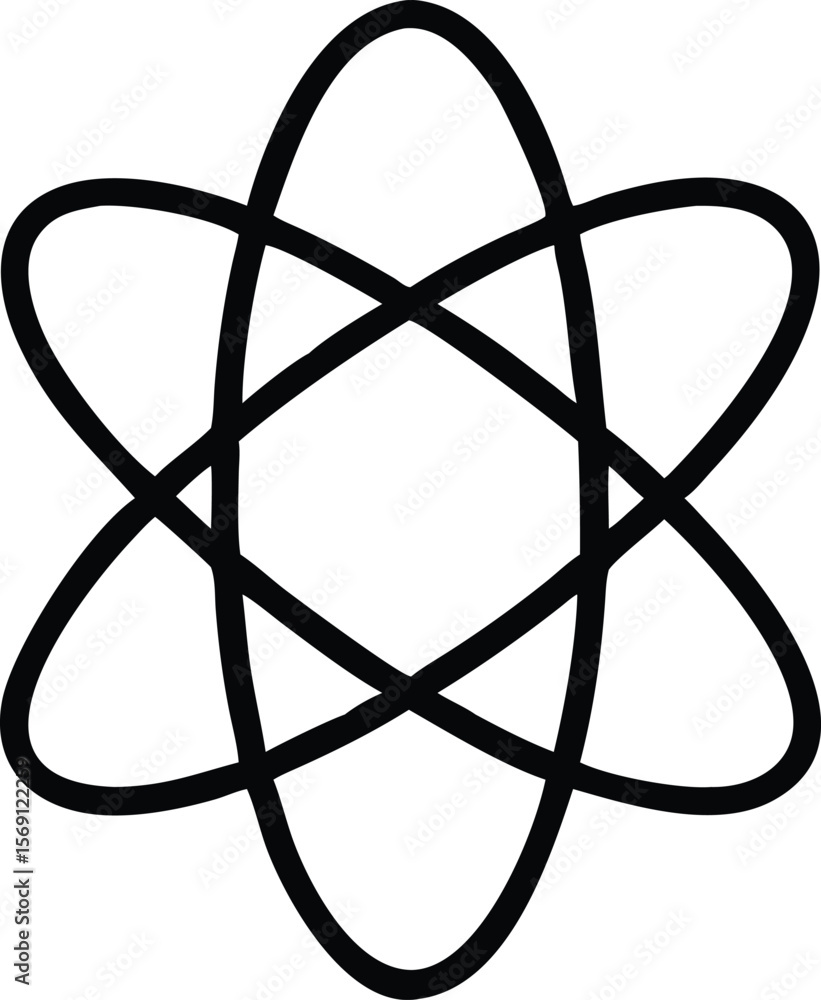 Poster abstract black atom symbol with intersecting elliptical orbits on white background