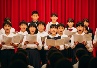 A scene of a chorus contest being held at a Japanese school.