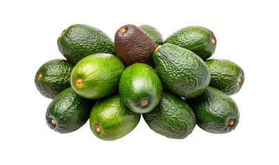 Heap of Fresh Green and Brown Avocados on White Background, Ready to Eat