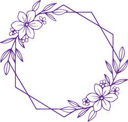 Floral Circle Frame – Purple Flower Wreath Border, Botanical Line Art, Nature Design, Minimal Vector Illustration