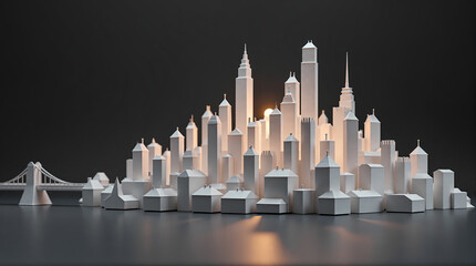 A stylized, low-angle view of a white paper or cardboard city with a bridge on the left. Backlit with a warm glow suggesting dawn or dusk on a reflective surface against a dark backdrop.