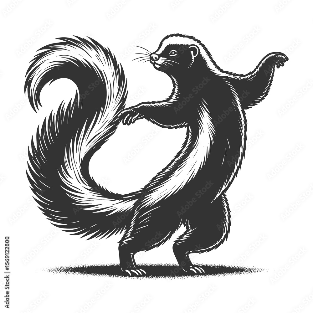 Poster dancing skunk sketch engraving generative ai fictional character raster illustration. scratch board 