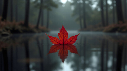 A vibrant red maple leaf floats peacefully on dark, still water, perfectly reflecting its image. A serene and atmospheric forest background suggests autumn tranquility.