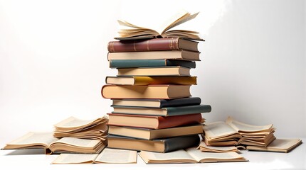 A tall, diverse stack of various books with some open around the base, set against a clean white background. Symbolizes education, knowledge, learning, and literature.
