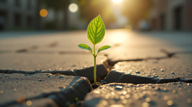 A small green plant pushing through a crack in concrete pavement, bathed in warm sunlight. Symbolizes hope, resilience, new beginnings, and overcoming obstacles in an urban environment.