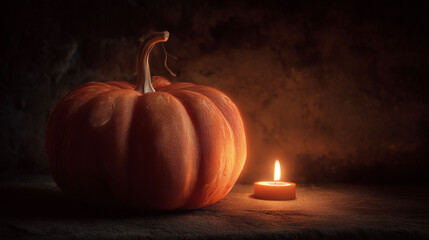 carved pumpkin glowing at night, candlelight flickering inside,dark moody background