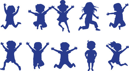 Happy Kids Silhouette – Jumping Children, Play, Fun, Blue, Vector, Group, Movement, Joy, Childhood, Celebration