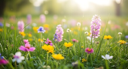 Fototapeta premium A vibrant meadow showcasing colorful wildflowers bathed in sunlight.