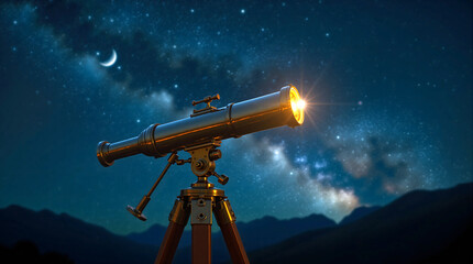 A vintage brass telescope pointed towards a star-filled night sky with the Milky Way and a crescent moon. Represents astronomy, discovery, exploration, and the wonder of the cosmos.