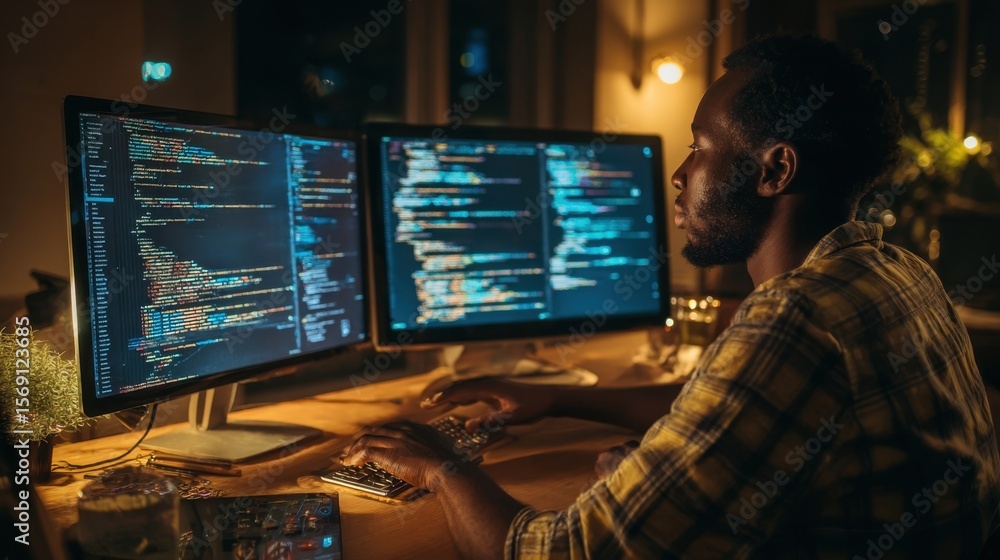 Poster aspiring black software engineer passionately debugging lines of code illuminated by dual monitors i