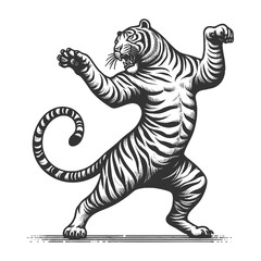 Dancing Tiger sketch engraving generative ai fictional character raster illustration. Scratch board imitation. Black and white image.