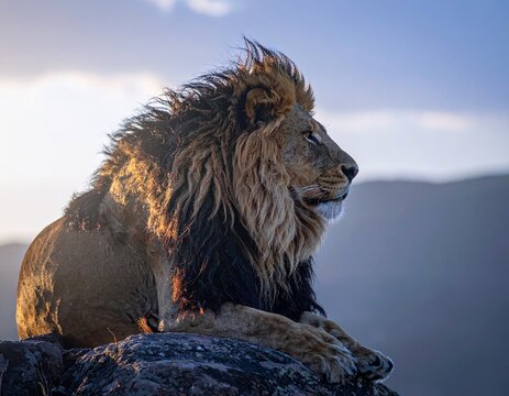 Fototapeta majestatyczny lew o zachodzie słońca