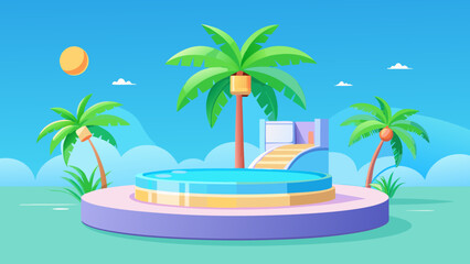 Vector art of a vibrant tropical island scene with a pool and palm trees under a sunny sky