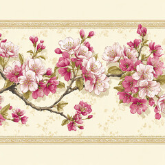 A pink and white flowery border with a pink and white tree branch