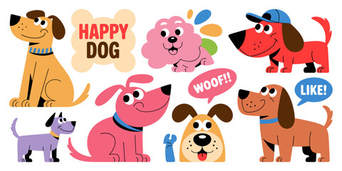 Obraz premium Happy Dog's Playtime: A vibrant illustration featuring an array of playful canine characters. Each dog radiates joy, making it perfect for projects that celebrate fun.
