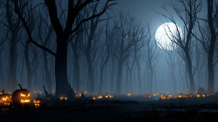 Halloween night with pumpkins, a full moon, and eerie trees. creepy tree silhouettes