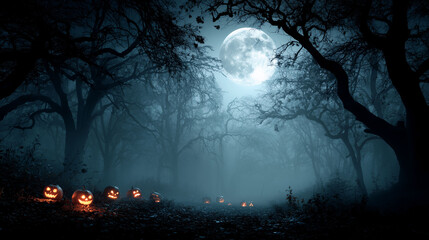 Halloween night with carved pumpkins, a full moon, and eerie trees.