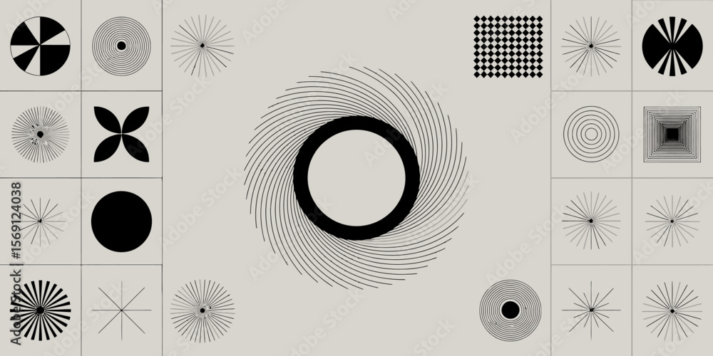 Poster geometric abstraction: a collection of dynamic, circular and linear patterns are arranged in a grid,