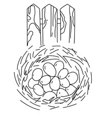 Monochrome doodle sketch of a bird nest with eggs inside. Simple children book illustration or coloring page. Minimalist farm and nature decor.  Hand drawn line drawing .Vector doodle illustration